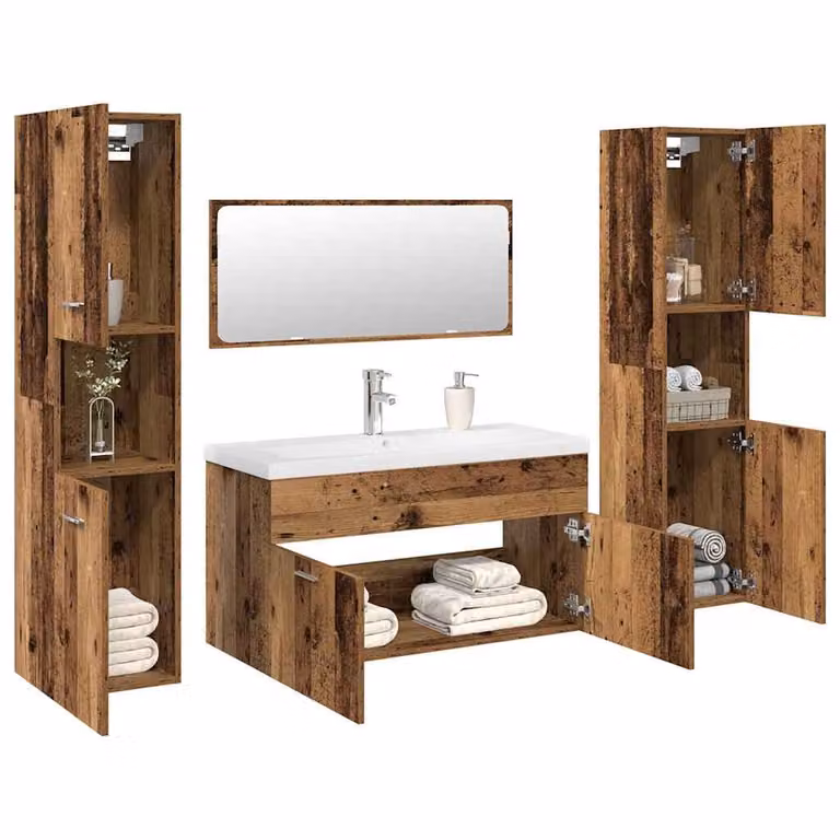 Set di mobili da bagno vidaXL 5 pezzi in legno antico marrone e bianco con vanità e pensili a muro