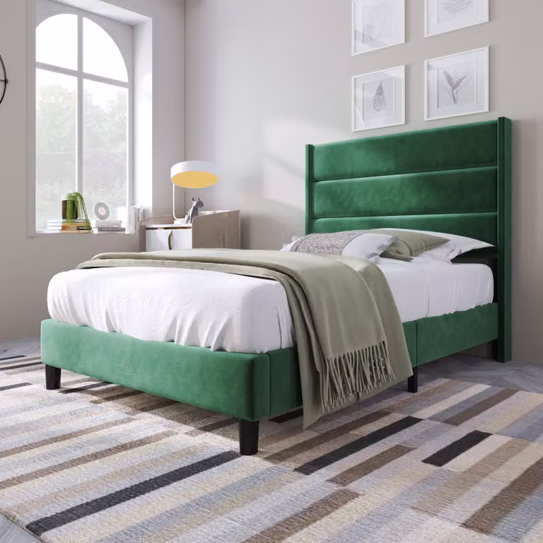 Letto imbottito 90 x 200 cm con rete a doghe, testiera imbottita e rivestimento in velluto, altezza da terra di 16 cm, letto per ragazzi color verde scuro