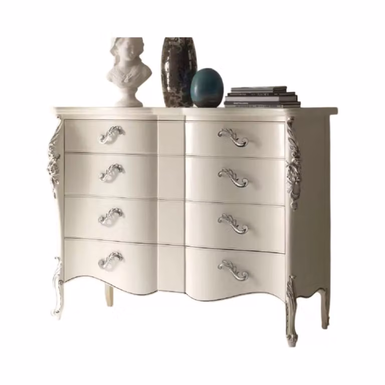 Cassettiera sagomata con 4 cassetti in legno bianco argento Mobili 2G L: 137 cm, P: 57 cm, H: 110 cm