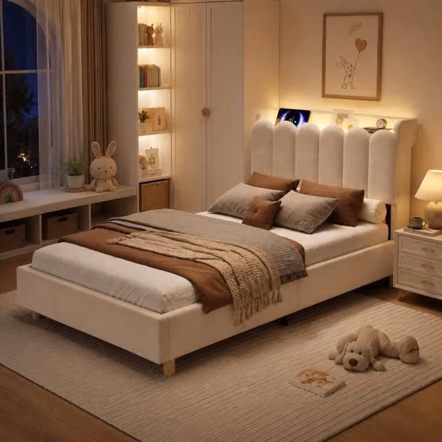 Letto singolo imbottito MODFU beige con luce di lettura integrata, porte USB e ripiani laterali, L/P: 90 x 200 cm