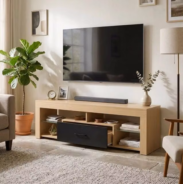 Mobile TV ULEVR 140x40 cm per TV fino a 65", con cassetto, vani aperti e ripiani in vetro regolabili, rovere e nero
