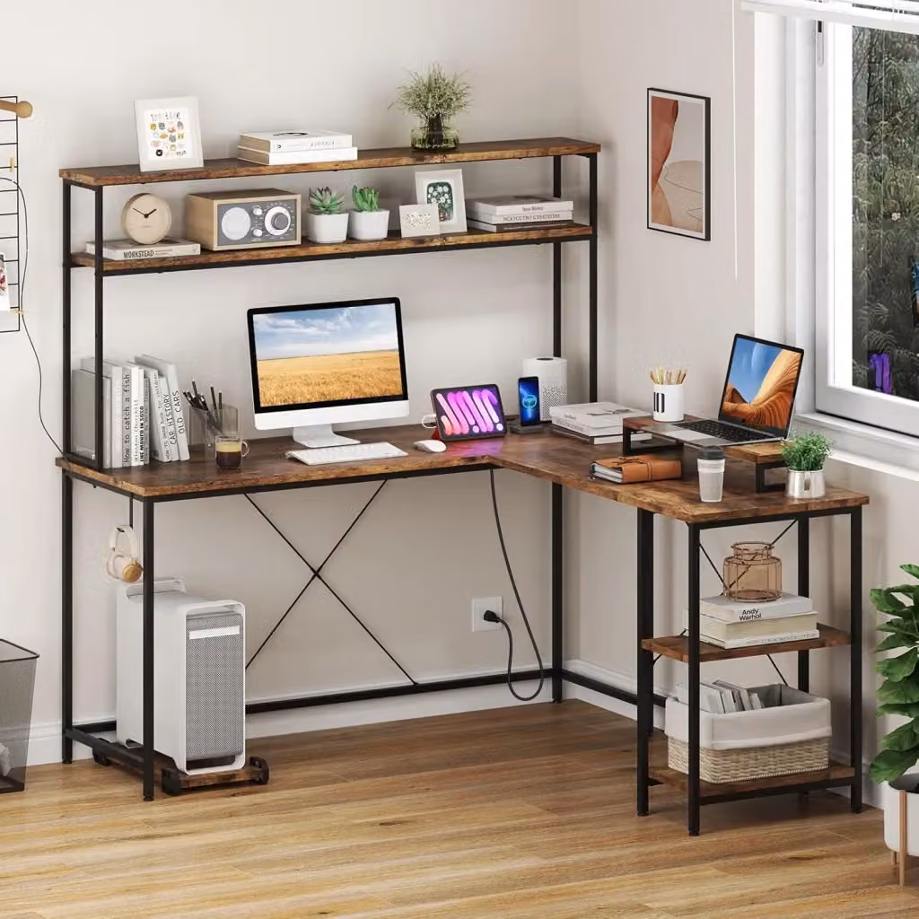 Scrivania Gaming Costway in Stile Industriale con Piano in Legno e Metallo, L/P/H: 147 x 145 x 76,7 cm, Disponibile in Marrone, Nero o Grigio – 2