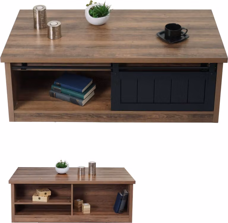 Tavolino da salotto MCW-K75, tavolino da salotto, ante scorrevoli, 6 vani portaoggetti, metallo effetto legno, 44x120x60 cm ~ marrone