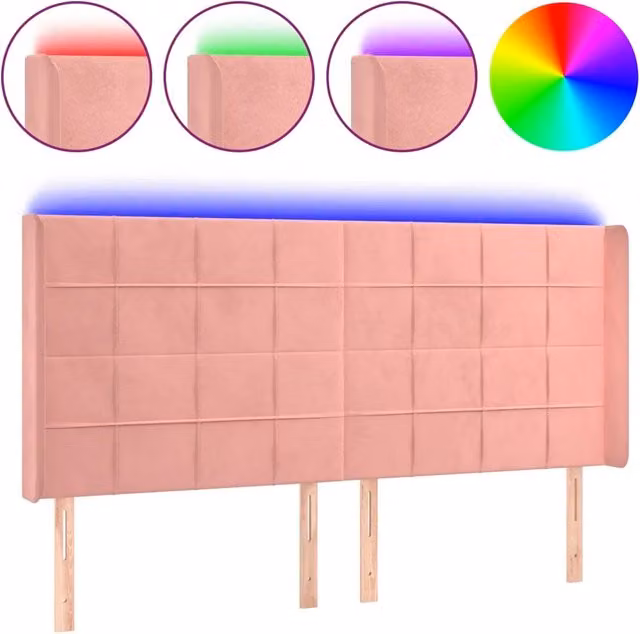 Testata del letto in velluto rosa con illuminazione LED integrata e porta di ricarica USB, L: 163 cm, P: 16 cm, H: 118/128 cm – 1