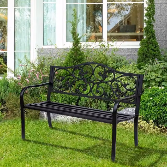 Panchina da giardino Minimal a 3 posti in acciaio nero con braccioli L: 127 cm, P: 60 cm, H: 89 cm