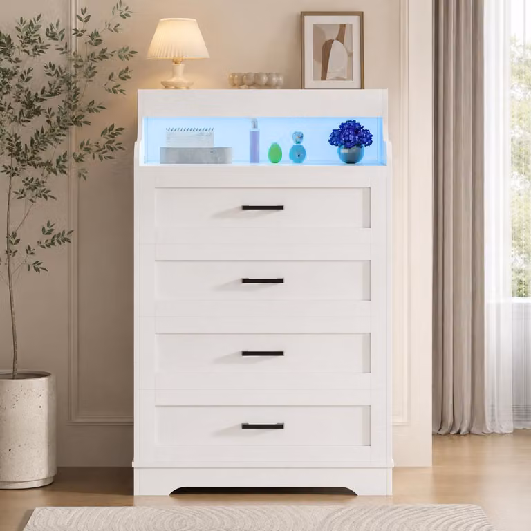 Comodino INONEFT con 4 cassetti, mobile contenitore con illuminazione LED, armadietto con 2 vani a giorno, ideale per camera da letto e soggiorno, colore bianco