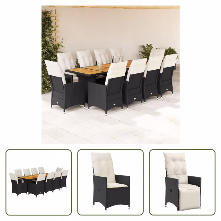 The Living Store Set bistrot da giardino da 11 pezzi con cuscini in poly rattan nero
