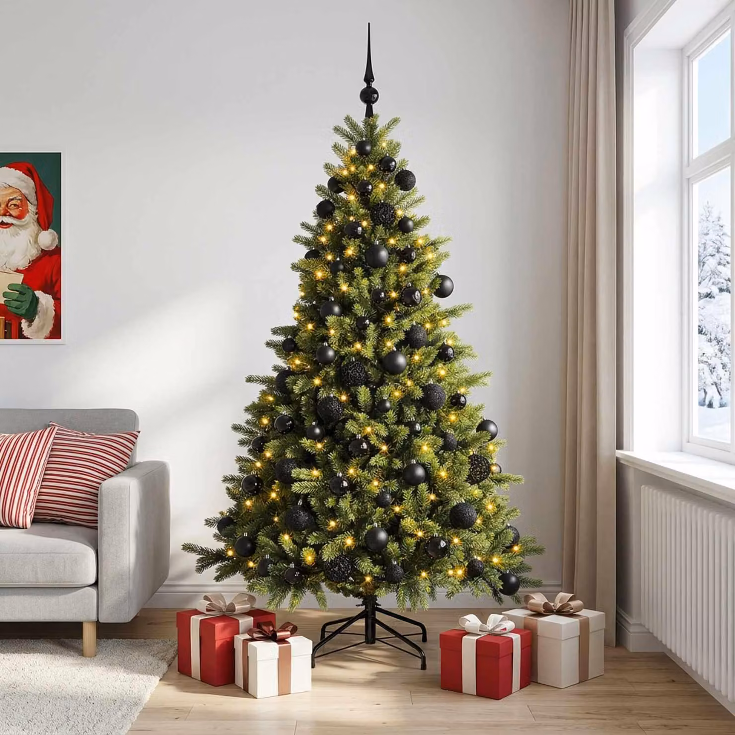Albero di Natale artificiale con decorazioni a forma di sfera natalizia, altezza 180 cm, con 300 luci a LED