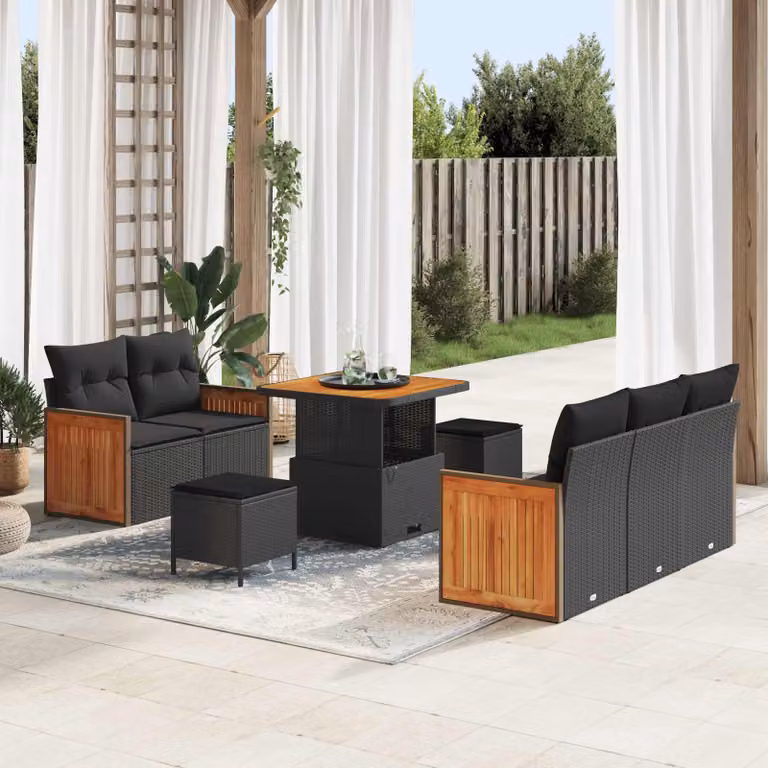 Set Divano da Giardino vidaXL a 8 Posti con Cuscini e Tavolino Nero in Acciaio Verniciato a Polvere e Tessuto Resistente ai Raggi UV