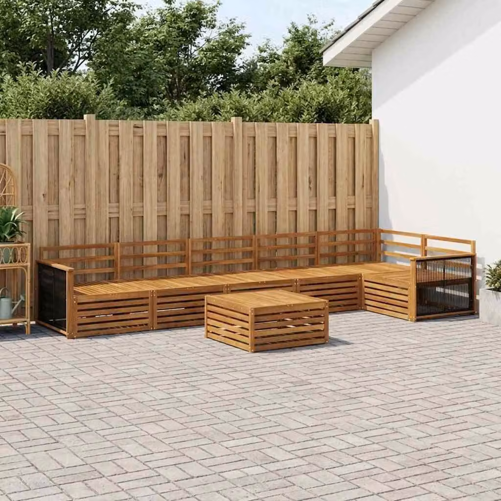 Set di divani da esterno vidaXL 7 pz in legno di acacia massello marrone con cuscini inclusi e tavolino da caffè coordinato