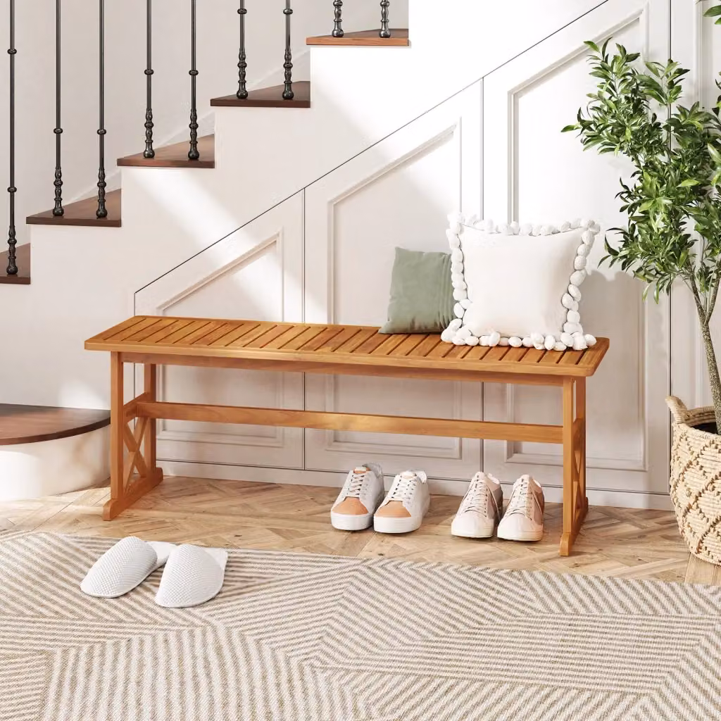 Panchina da esterno in legno di acacia marrone per giardino, balcone o terrazzo, modello moderno senza schienale, L: 130 cm, P: 35 cm, H: 45 cm – 2