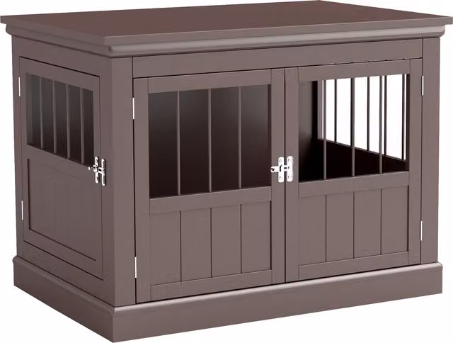 PawHut Gabbia per Cani Piccoli con Tavolino Moderno e 3 Porte alla Francese con Chiusura Magnetica, Colore Caffè, L: 78 cm, P: 53 cm, H: 59,3 cm