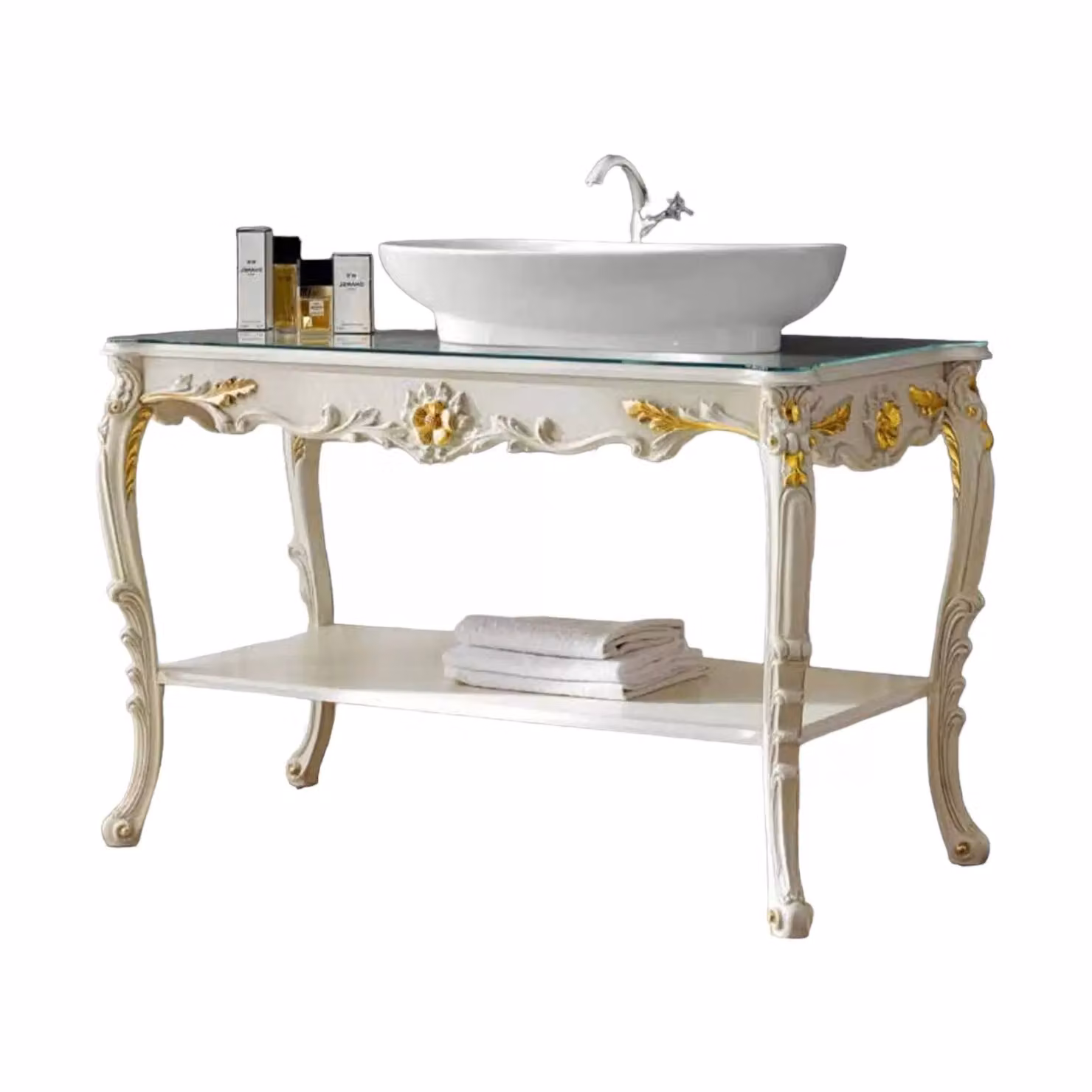 Mobile bagno barocco Mobili 2G laccato avorio con dettagli foglia oro L/P/H: 128 x 57 x 93 cm – 1