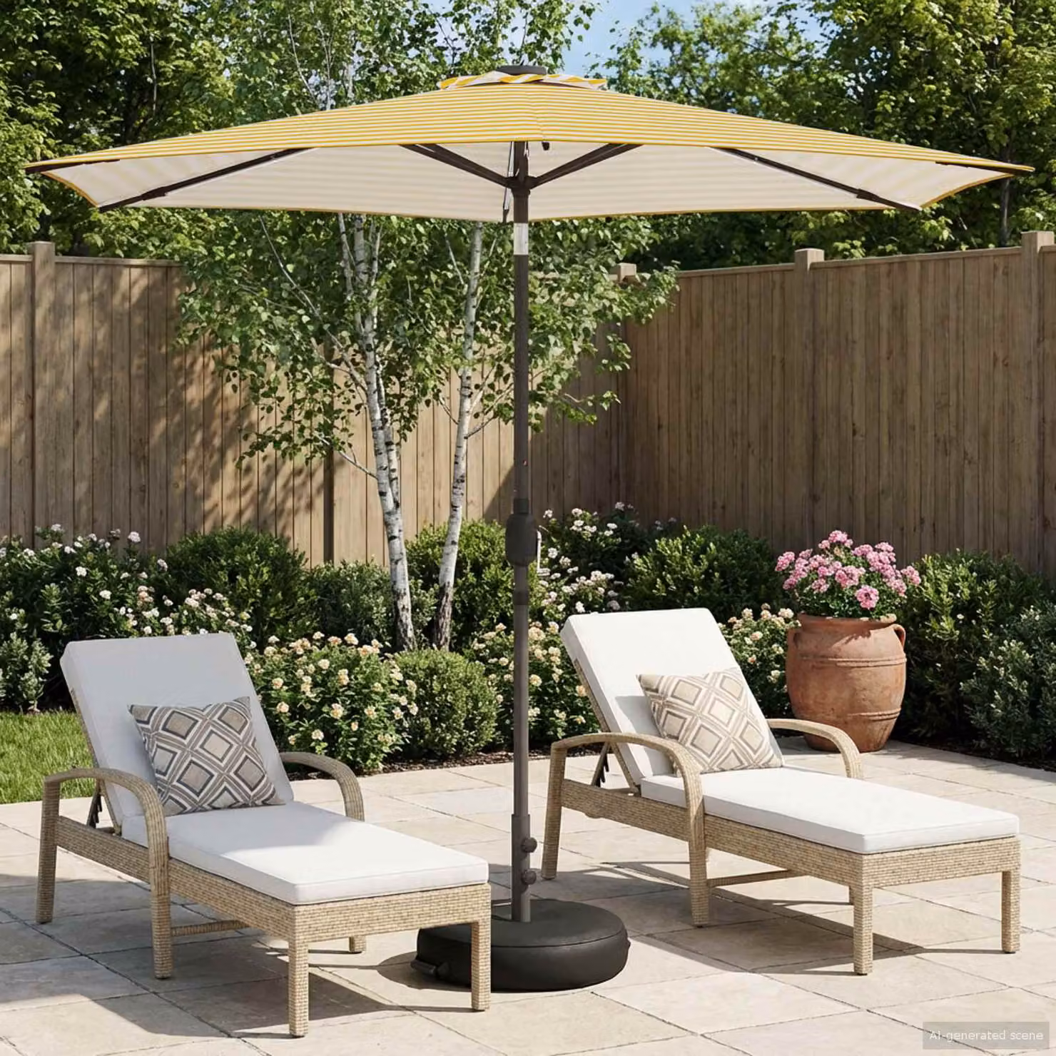 Parasol da giardino con luci LED e base vidaXL in poliestere, bianco e giallo, L: 269 cm x P: 269 cm