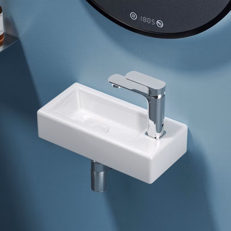 Lavabo Reckiger Lavabo in Vetroceramica Lavabo da appoggio Lavabo sospeso Foro per rubinetto a destra Bianco lucido 40,5 x 20,5 x 10,5 cm