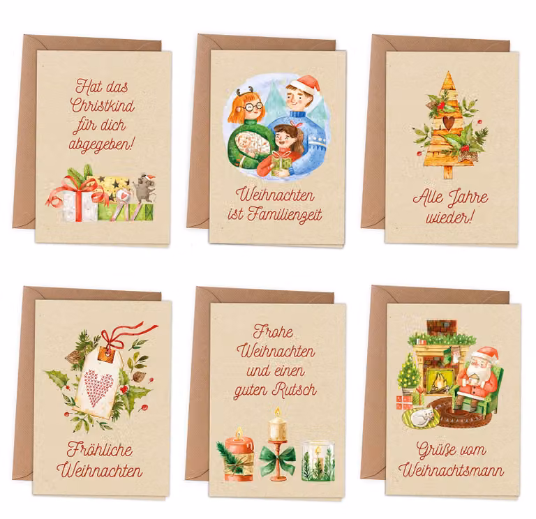 6 biglietti di auguri natalizi pieghevoli, inclusi buste, formato DIN A6, motivo carta da regalo