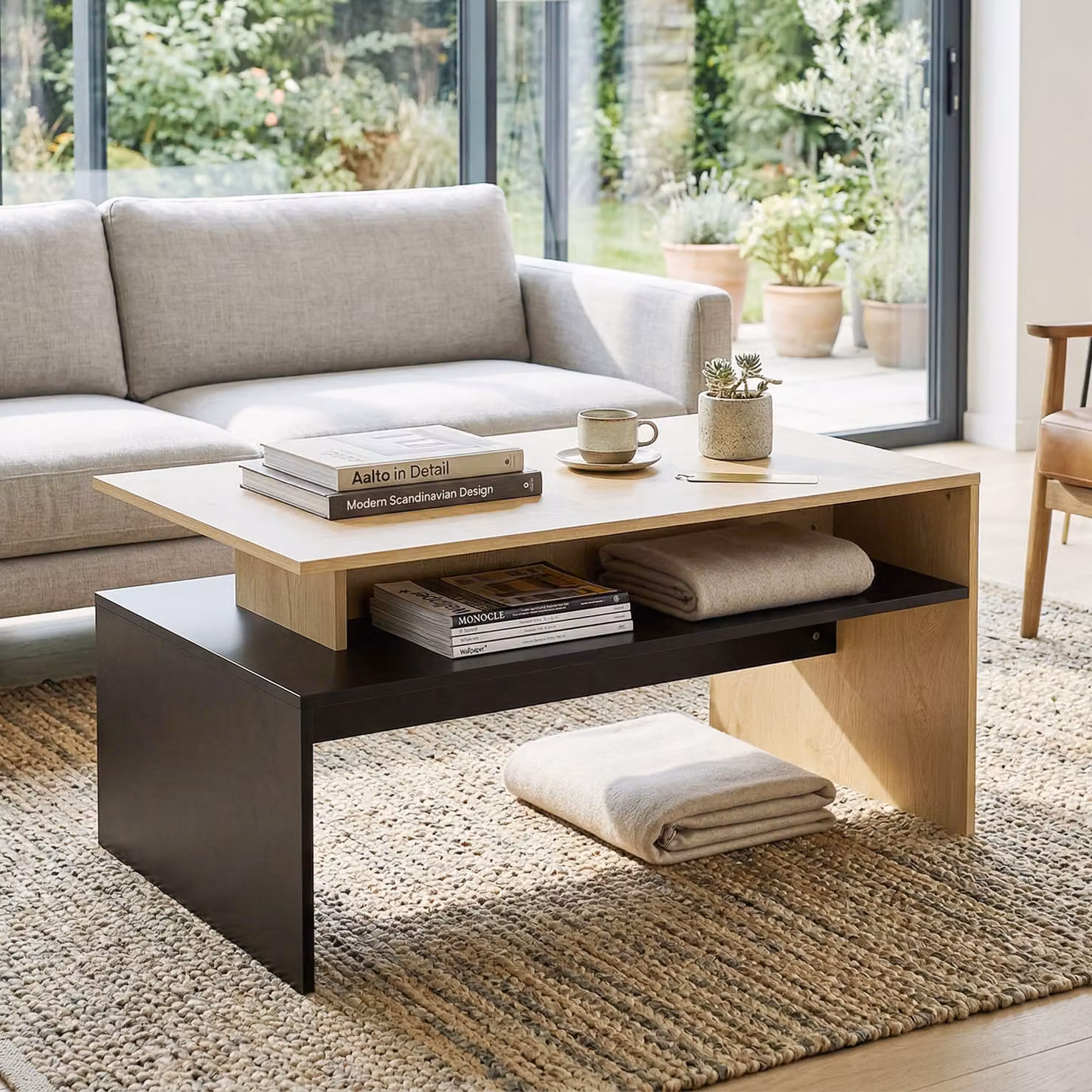 Tavolino da salotto moderno HOMCOM con ripiani a livelli sfalsati e portaoggetti, L: 95 cm, P: 55 cm, H: 50 cm, Legno naturale e Nero – 2