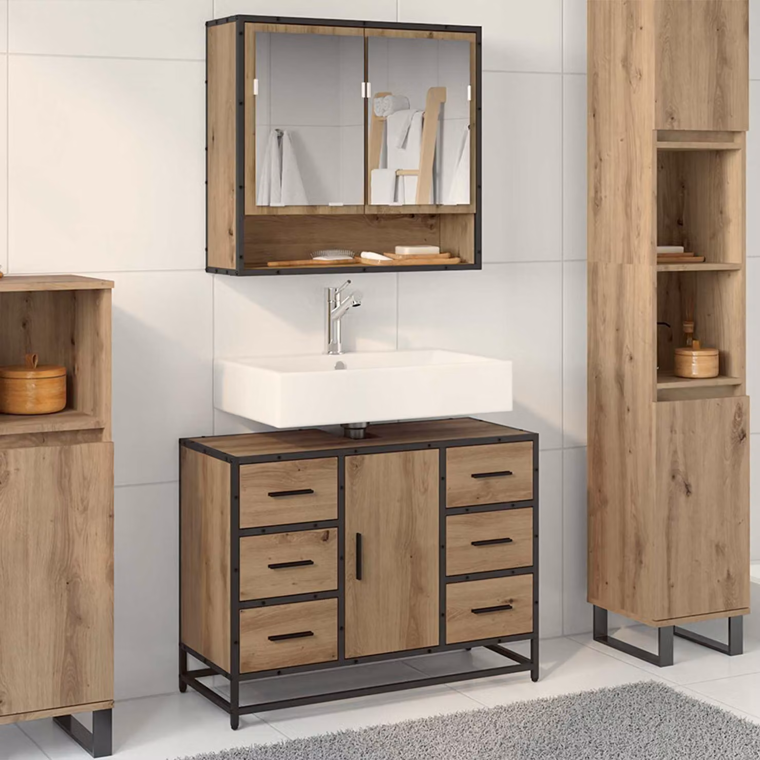 Mobile da bagno moderno vidaXL in legno e metallo marrone con ante in vetro, L: 80 cm, P: 33 cm, H: 60 cm
