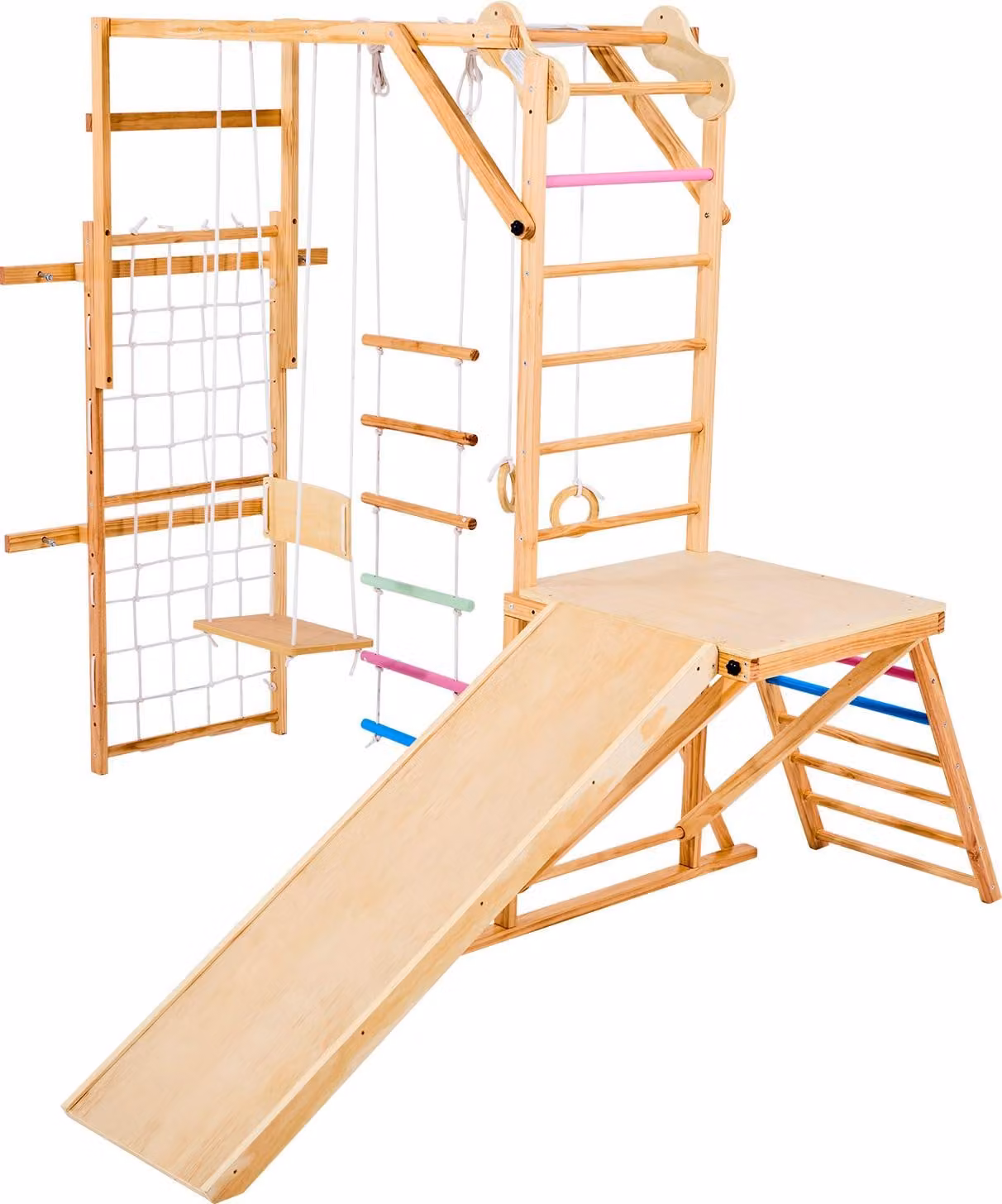Parco giochi da interno SucceBuy (8 in 1) in legno, set di giochi per l'arrampicata Montessori con portata massima di 100 kg, comprendente altalena, struttura per arrampicata, scivolo, scala in legno, scala di corda, rete da arrampicata e palo