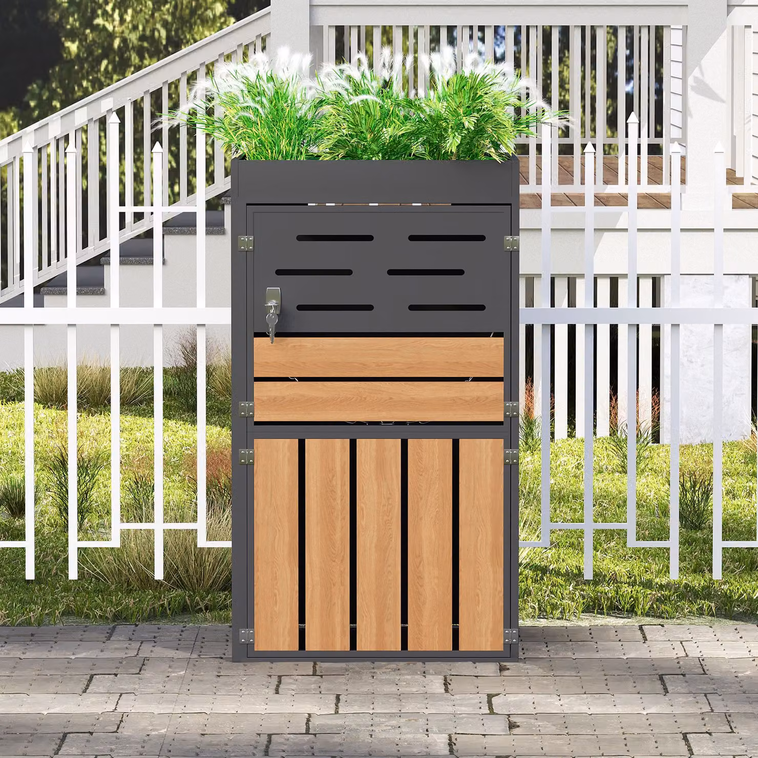 Armadio da esterno multifunzionale 2-in-1 Aosom in metallo grigio con ante a battente e serratura per giardino, balcone o terrazzo – 2