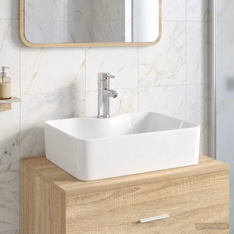 Lavabo rettangolare in ceramica bianca con rubinetto e scarico vidaXL, Argento, L: 48,5 cm, P: 37,5 cm, H: 13 cm