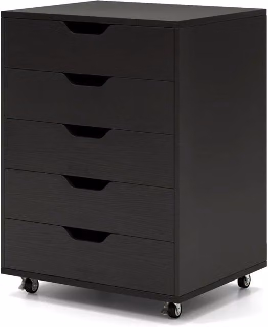 Mobiletto da ufficio con 5 cassetti e rotelle chiudibile a chiave 49 x 40 x 65 cm pratico e moderno in MDF nero 20_0010265