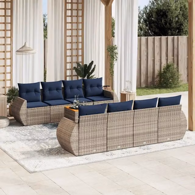 Set Divani da Giardino 9 pz con Cuscini Grigio in Polyrattan 3224927