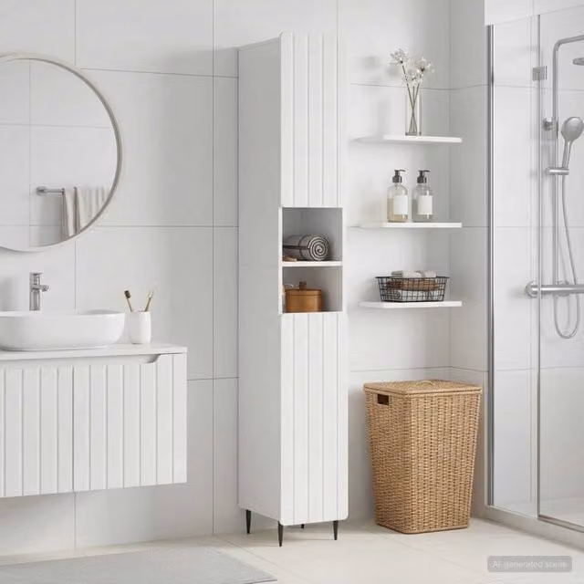 Armadio da bagno moderno vidaXL bianco lucido con ripiani interni e scaffale aperto – 1