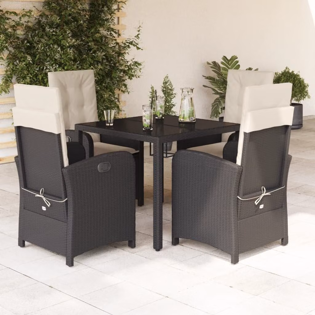 Set da Pranzo da Giardino vidaXL 5 pz in Polyrattan Nero con Cuscini e Tavolo in Vetro – 1