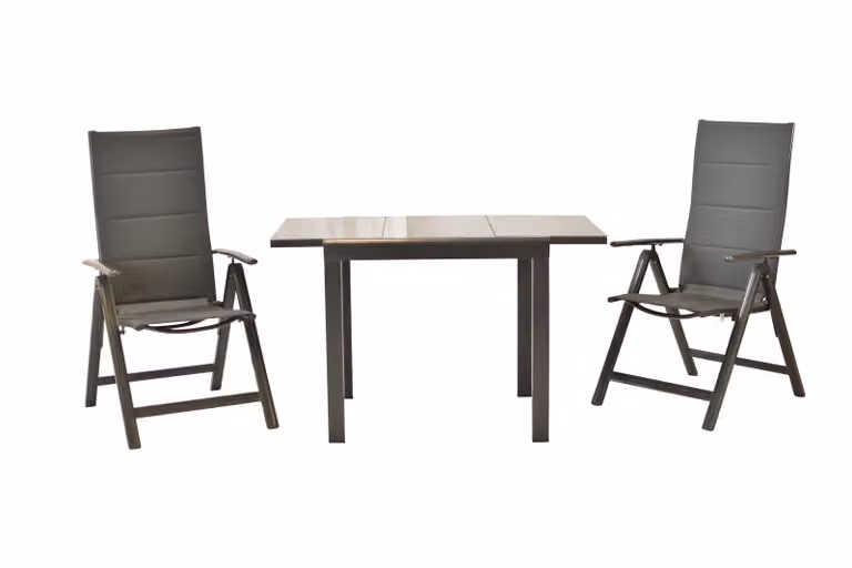 Set di mobili da giardino Merxx Taviano 3 pezzi, 2 poltrone pieghevoli, tavolo da balcone allungabile Semi 80 (120) x 70 cm - alluminio/tessuto