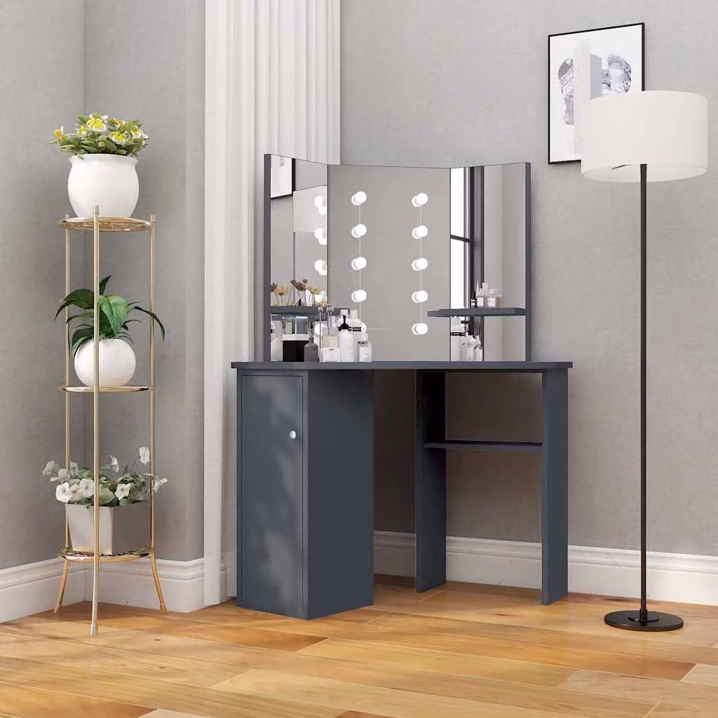 vidaXL Tavolino da Trucco Angolare con LED Grigio L: 111 cm, P: 54 cm, H: 141,5 cm