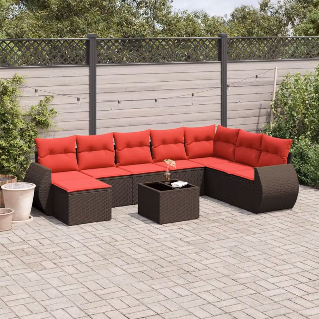 Set di divani da giardino vidaXL in polyrattan marrone con 9 pezzi e cuscini imbottiti