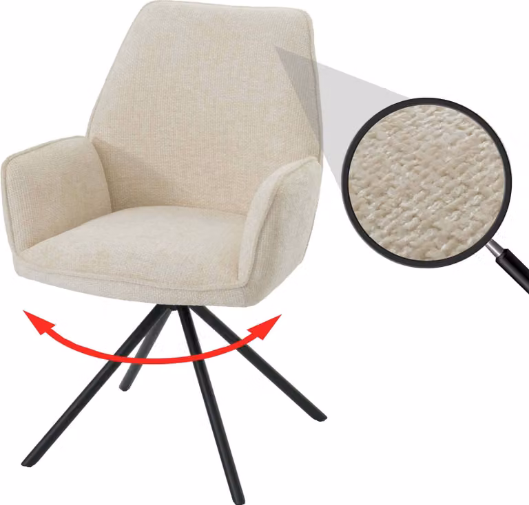 Sedia da pranzo HWC-G67, sedia da cucina, sedia con braccioli, girevole, con sistema di blocco automatico, in chenille, certificata , color crema