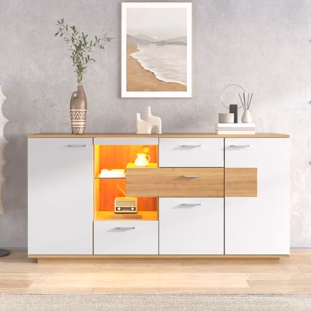 Sideboard moderno in MDF bianco e effetto legno, 160x40x77 cm con 2 porte, 4 cassetti e illuminazione LED regolabile
