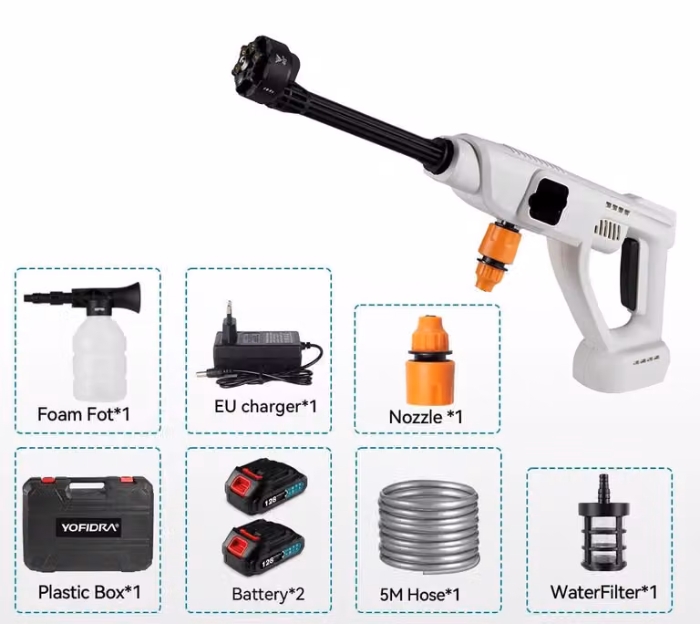 Idropulitrice - Pulitore per terrazze - Pistola a pressione - Senza fili - 100 bar - 20500 giri/minuto - 2 batterie