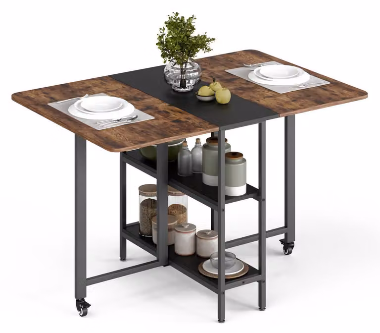 Tavolo pieghevole da pranzo, con 2 ripiani, dimensioni 120 x 80 x 75 cm, stile rustico, colore marrone/nero