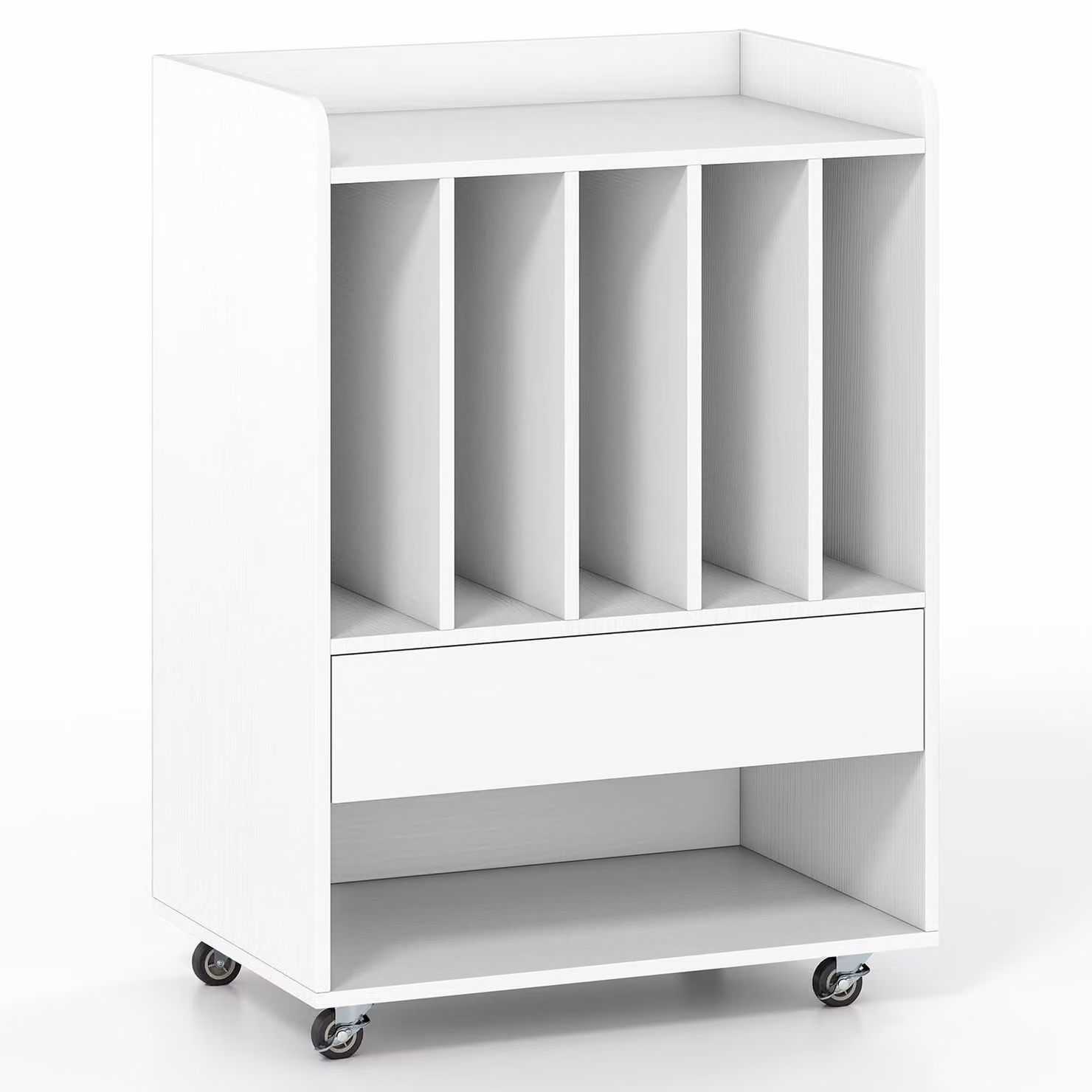Tavolino porta giradischi con 5 ripiani e cassetto, bianco, mobile