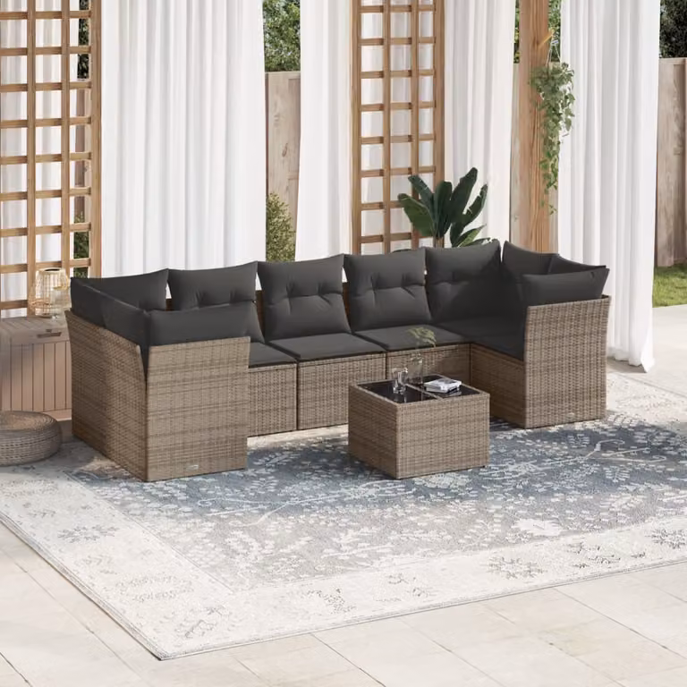 vidaXL Set Divano da Giardino 8 pz a L con Cuscini Grigio in Polyrattan e Tavolino da Esterno