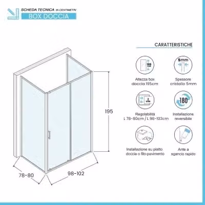 Box doccia Tay a 3 lati con porta scorrevole, forma rettangolare, colore nero opaco e vetro trasparente, L: 100 cm, P: 80 cm, H: 195 cm – 2