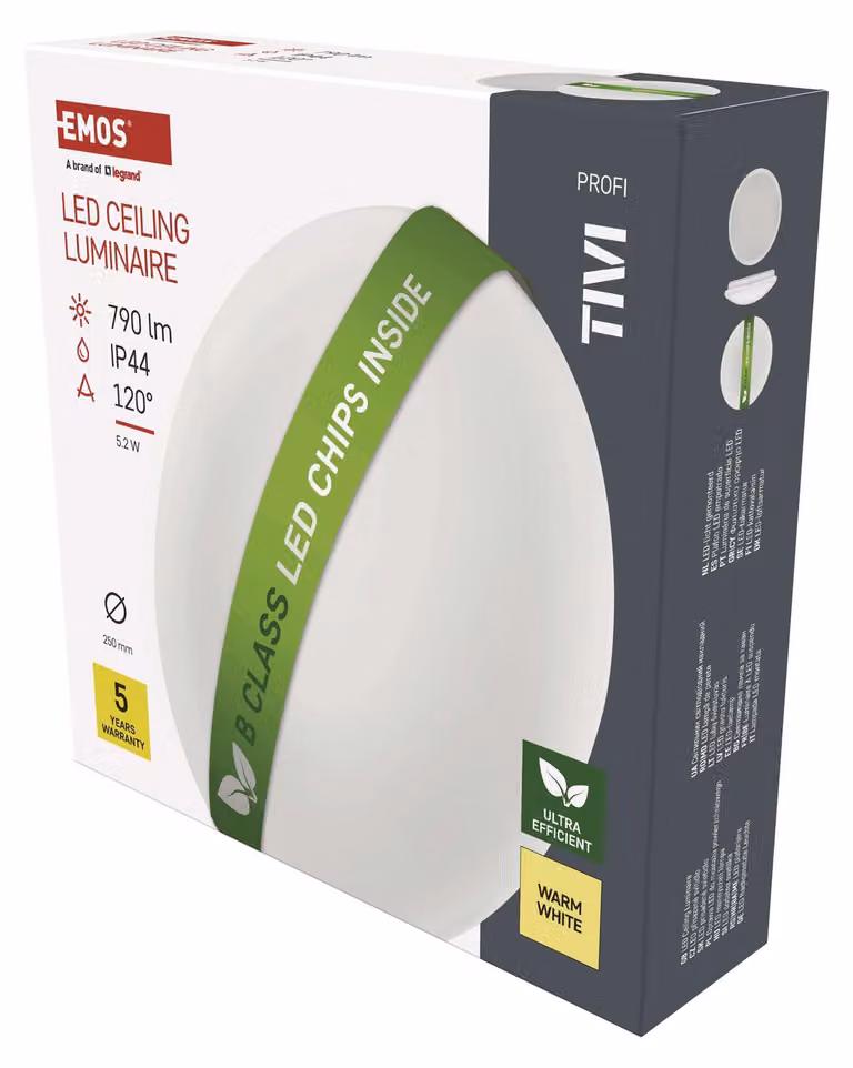 EMOS Plafoniera LED TIVI 5,2W, impermeabile, per interni, bianca, rotonda, 25cm, 790lm, invece di una lampadina da 60W, bianco caldo 3000K, classe di efficienza B