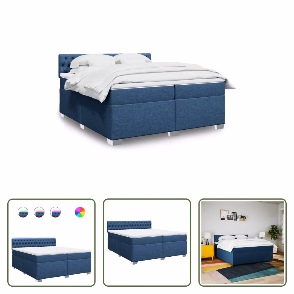 The Living Store Letto a molle con materasso blu 200x200 cm in tessuto