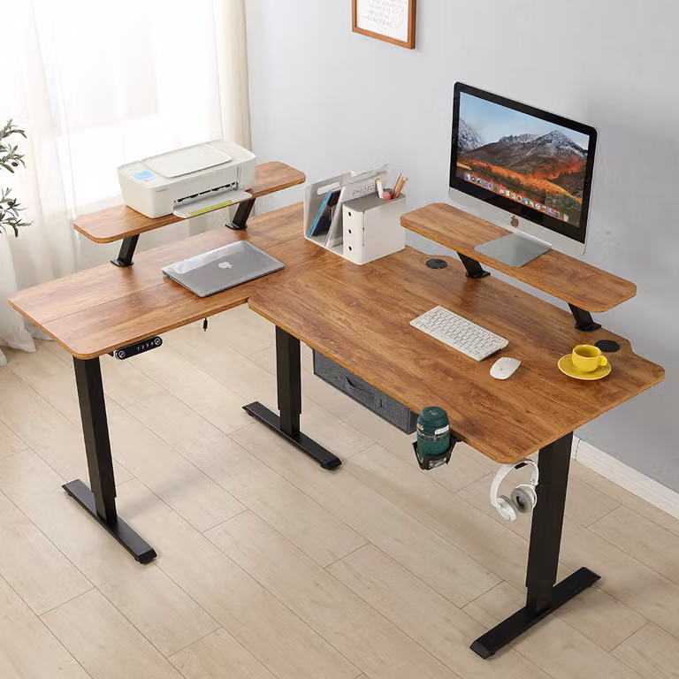 Hilodesk 160cmL scrivania da ufficio Scrivania in piedi Scrivania a L regolabile in altezza elettrica Scrivania ad angolo con supporto per monitor e cassetto Vintage