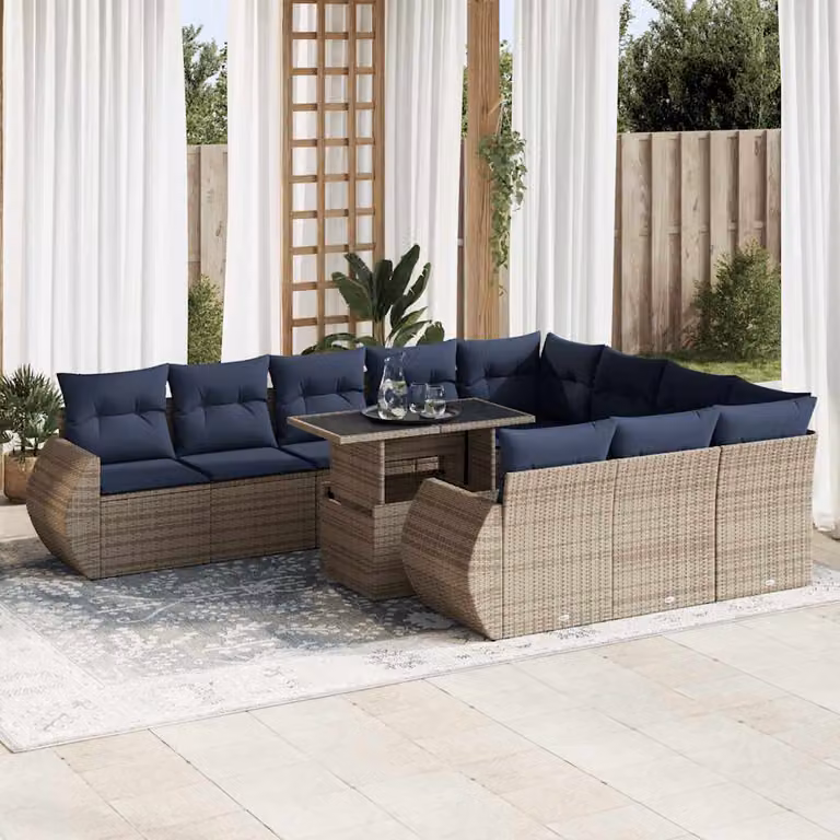 Set di divani da giardino vidaXL in polyrattan con cuscini e tavolino da esterno, design moderno a forma di U, colore grigio e blu