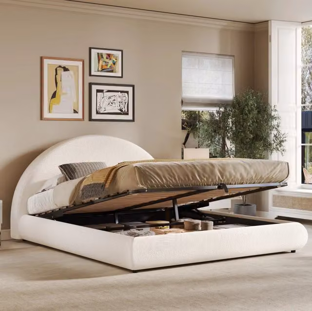 Letto matrimoniale imbottito 180 x 200 cm con contenitore; testiera Bouclé bianca e rete a doghe