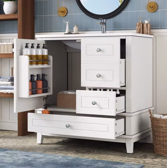 Mobile bagno freestanding 81 cm con lavabo in ceramica; 3 cassetti; anta soft close; bianco lucido