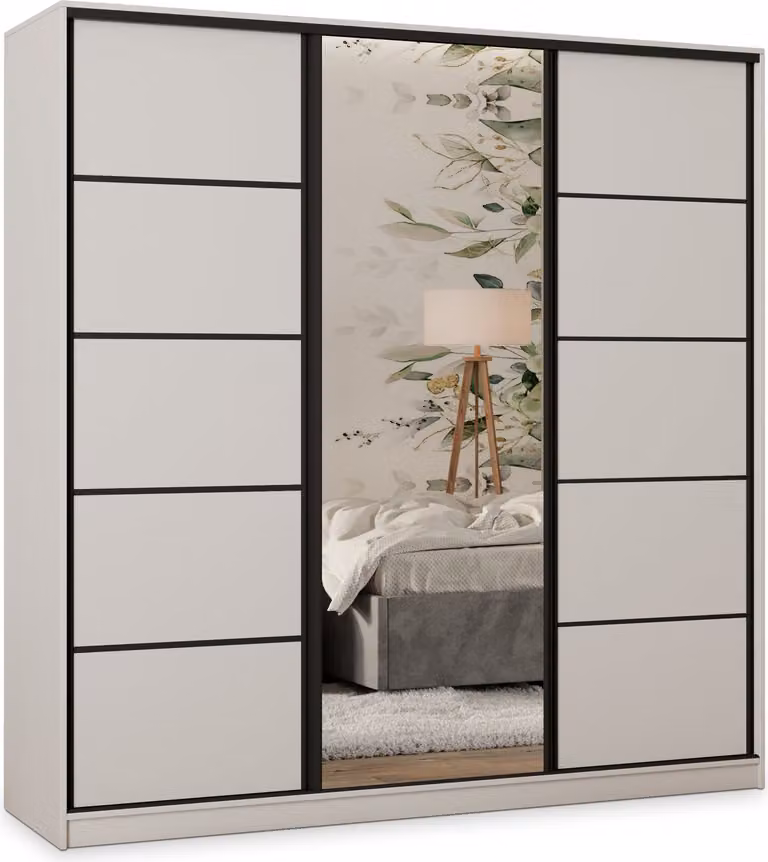 Armadio scorrevole Masseno PINA 200/205/58 cm Armadio con 4 cassetti Armadio per camera da letto a 3 ante con specchio Bianco