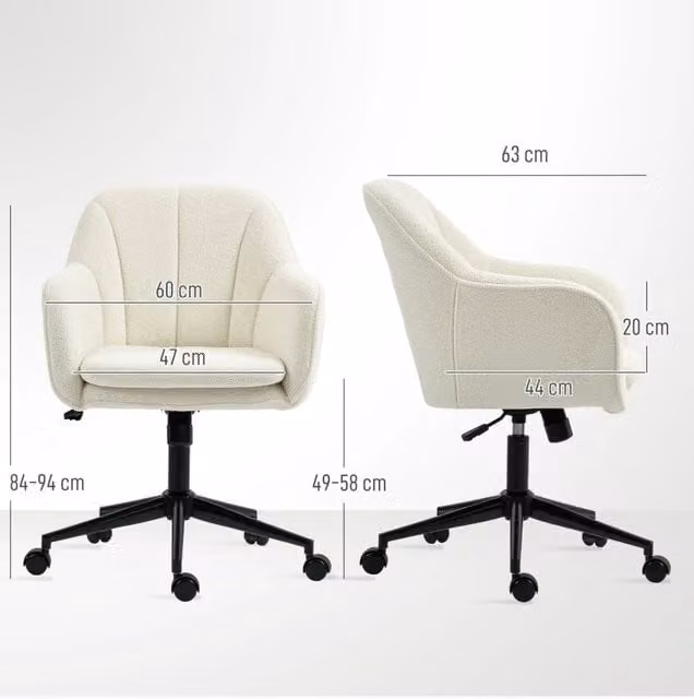 Sedia da ufficio girevole moderna in velluto beige e bianco con braccioli e ruote, L/P/H: 60 x 53,5 x 120 cm