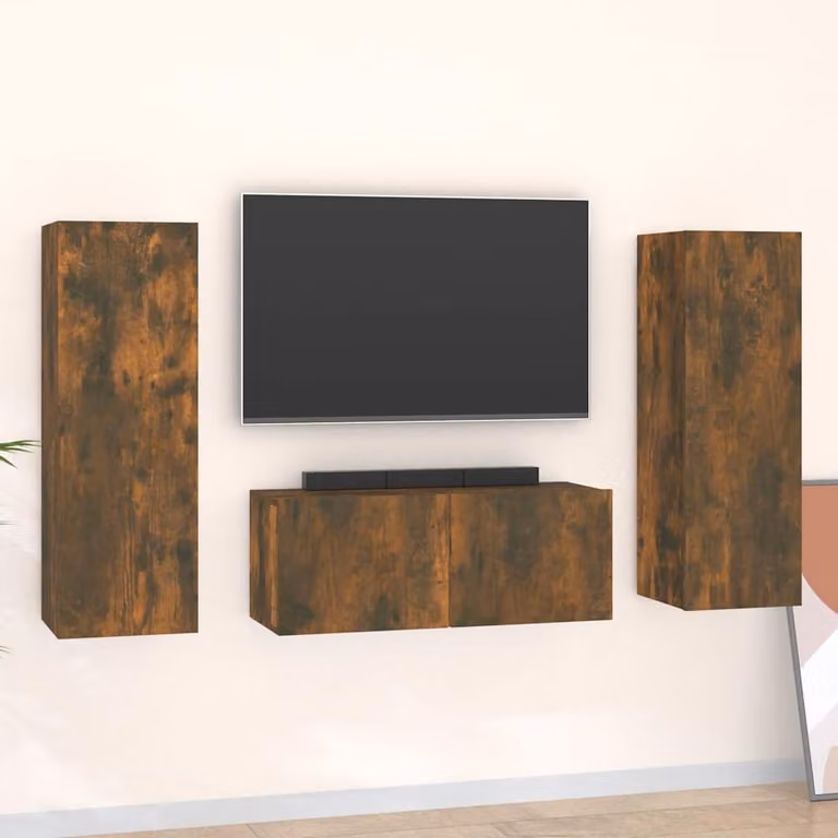 Set Mobili Porta TV 3 Pezzi vidaXL in Legno Rovere Fumo e MDF per Soggiorno Moderno, Montaggio a Parete