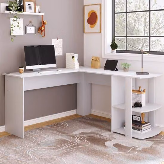 Scrivania per computer a L, 140 cm, a due posti, H 75/L 140/P 140 cm, bianca