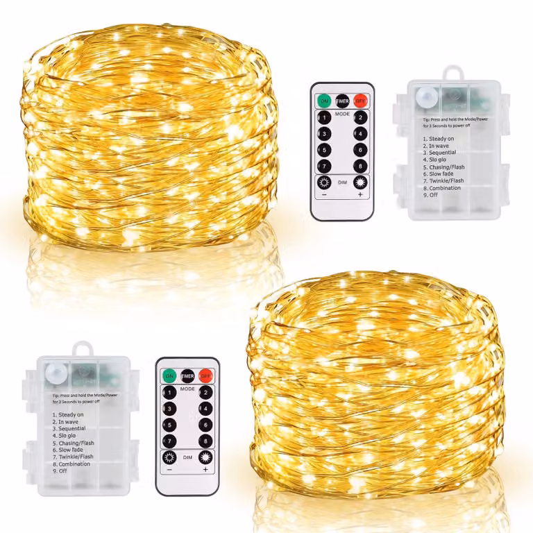 Confezione da 2, catena luminosa da 10 metri con 100 LED, alimentata a batteria, con telecomando e 8 modalità